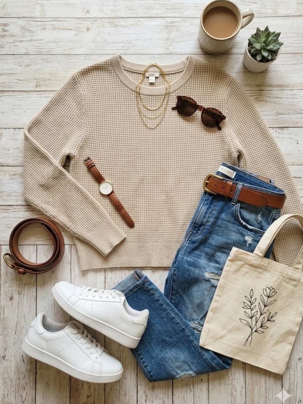 Garage Beige Waffle Knit Sweater - Neutral Casual Staple